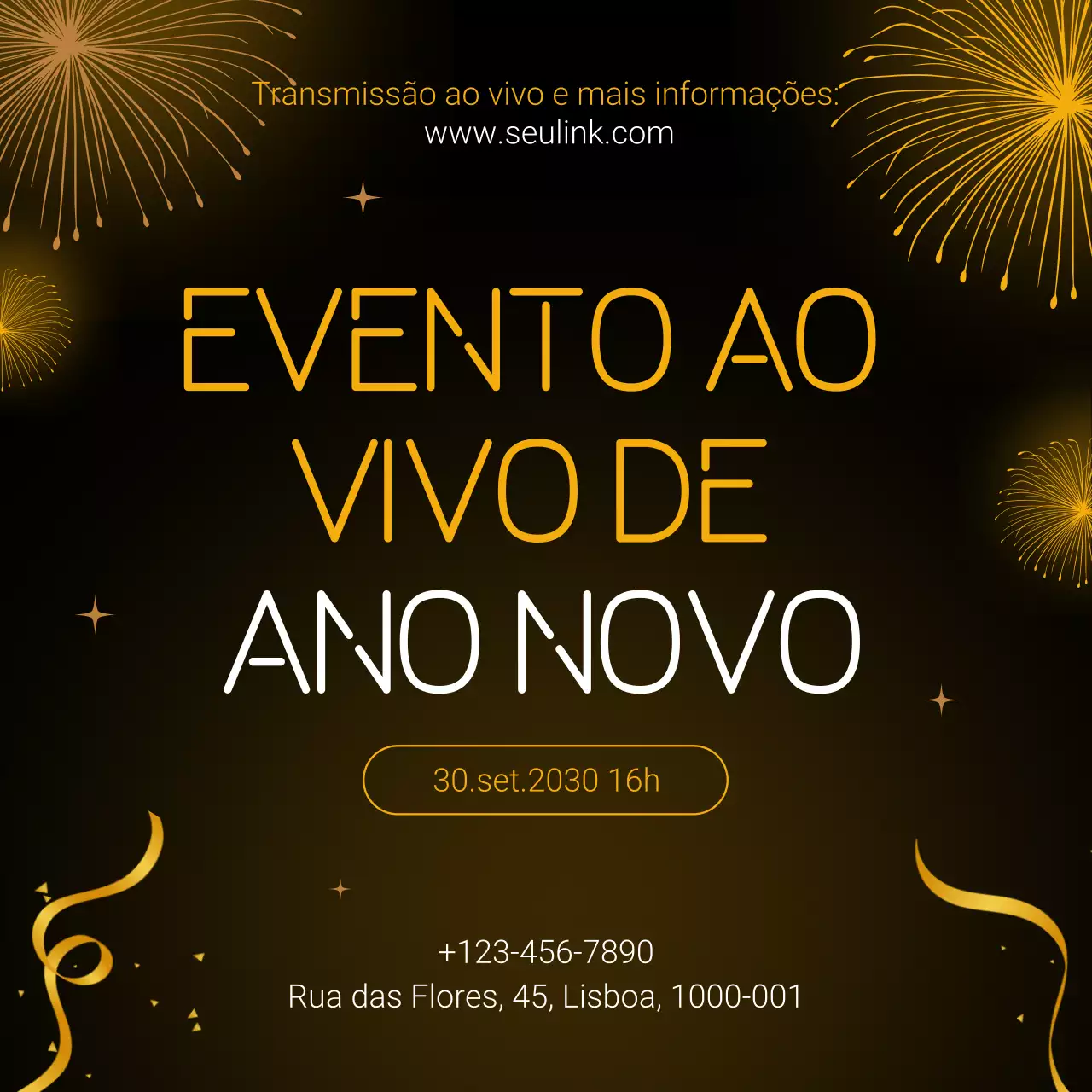 Anúncio de evento com degradê dourado e preto para o Ano Novo nas redes sociais