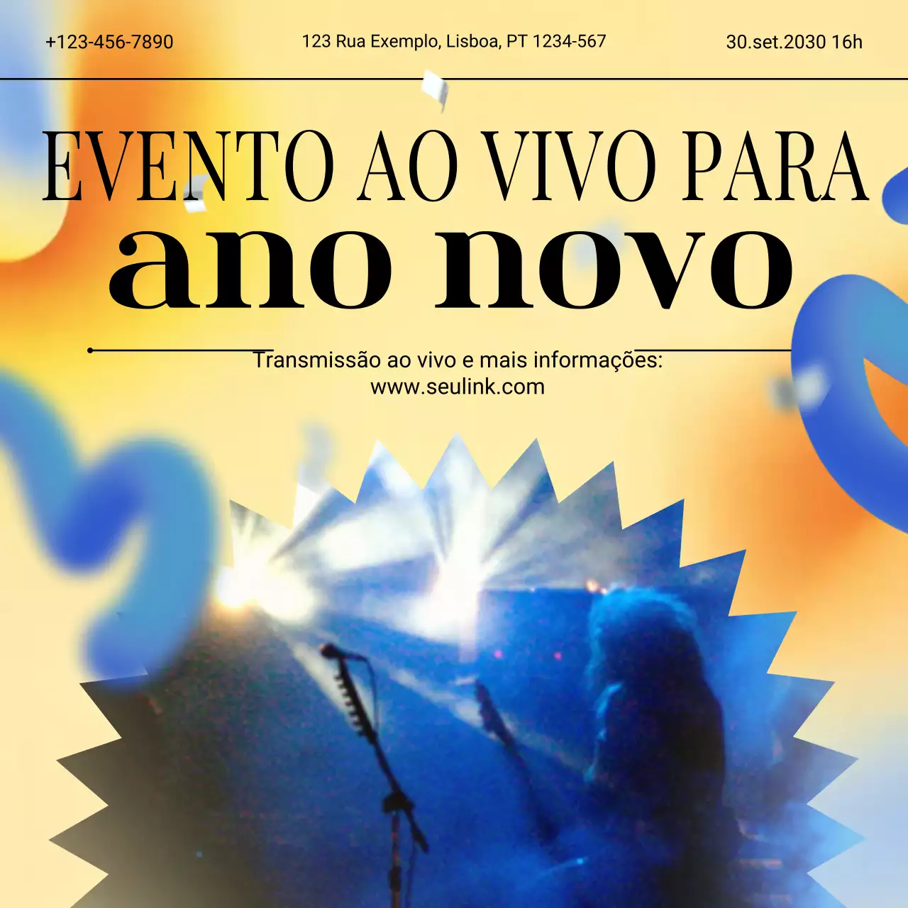 Anúncio de evento com gradiente amarelo e azul para o Ano Novo nas redes sociais