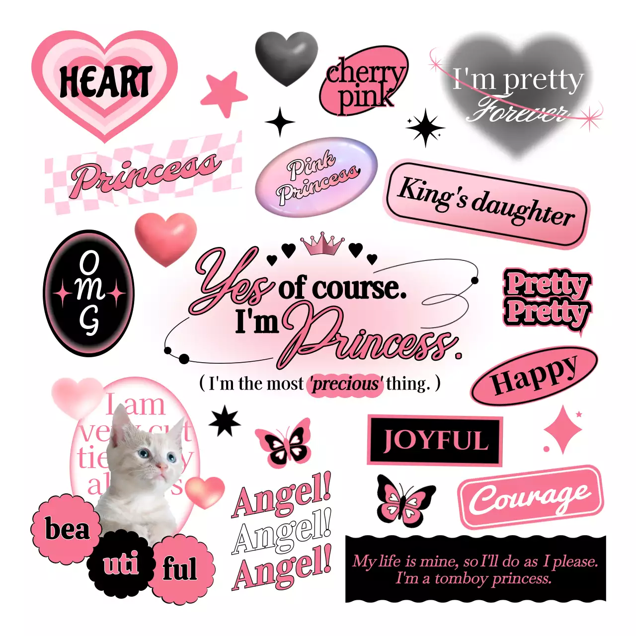 검정색과 핑크색의 하이틴 컨셉의 요소들이 있는 텍스트 디자인