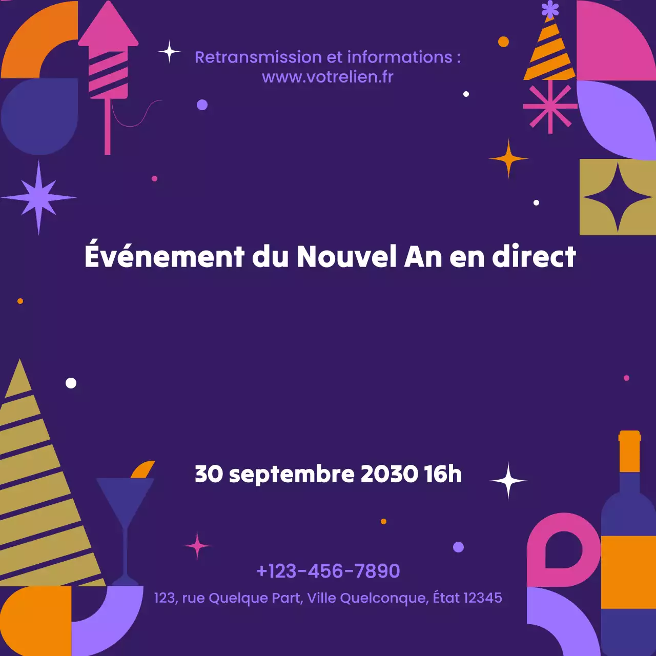 Annonce d'événement géométrique violet pour le Nouvel An sur les réseaux sociaux