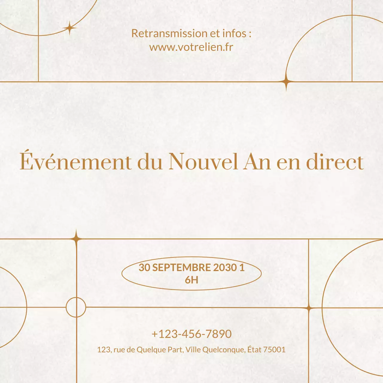 Annonce d'un événement Art déco beige et or pour le Nouvel An sur les réseaux sociaux
