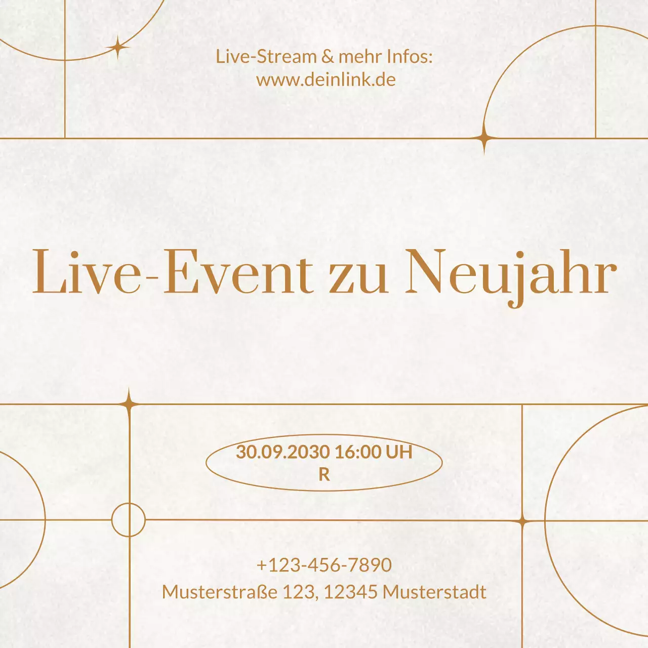 Ankündigung eines Art-Deco-Events in Gold Beige für die sozialen Medien zum neuen Jahr