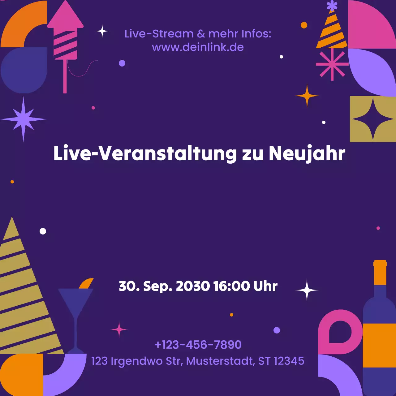 Ankündigung eines lila-geometrischen Events für die sozialen Medien zum neuen Jahr