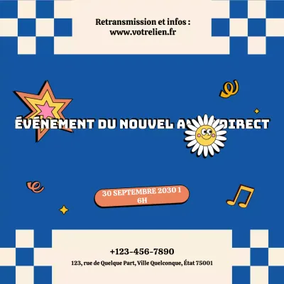 Annonce d'un événement rétro bleu beige pour le Nouvel An sur les réseaux sociaux