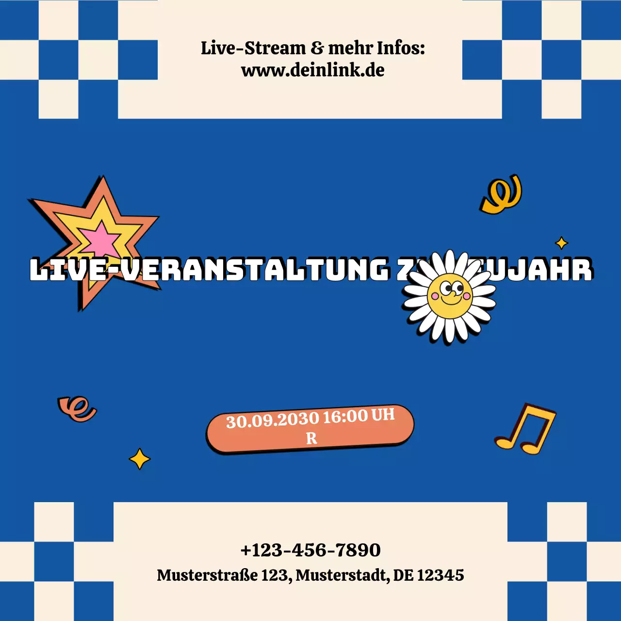 Ankündigung eines Retro-Events in Blau und Beige für die sozialen Medien zum neuen Jahr