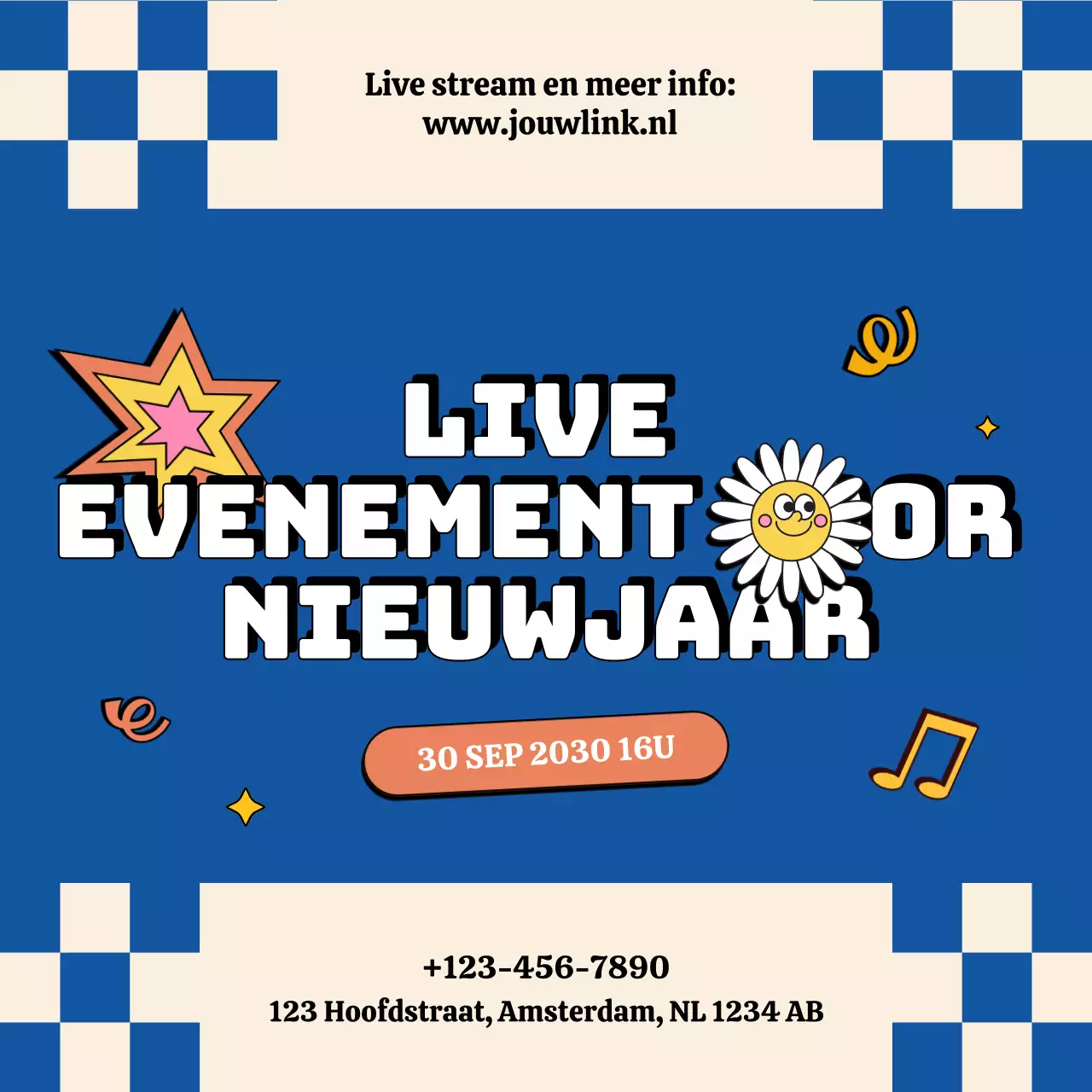 Aankondiging van een blauwbeige retro-evenement voor sociale media voor het nieuwe jaar