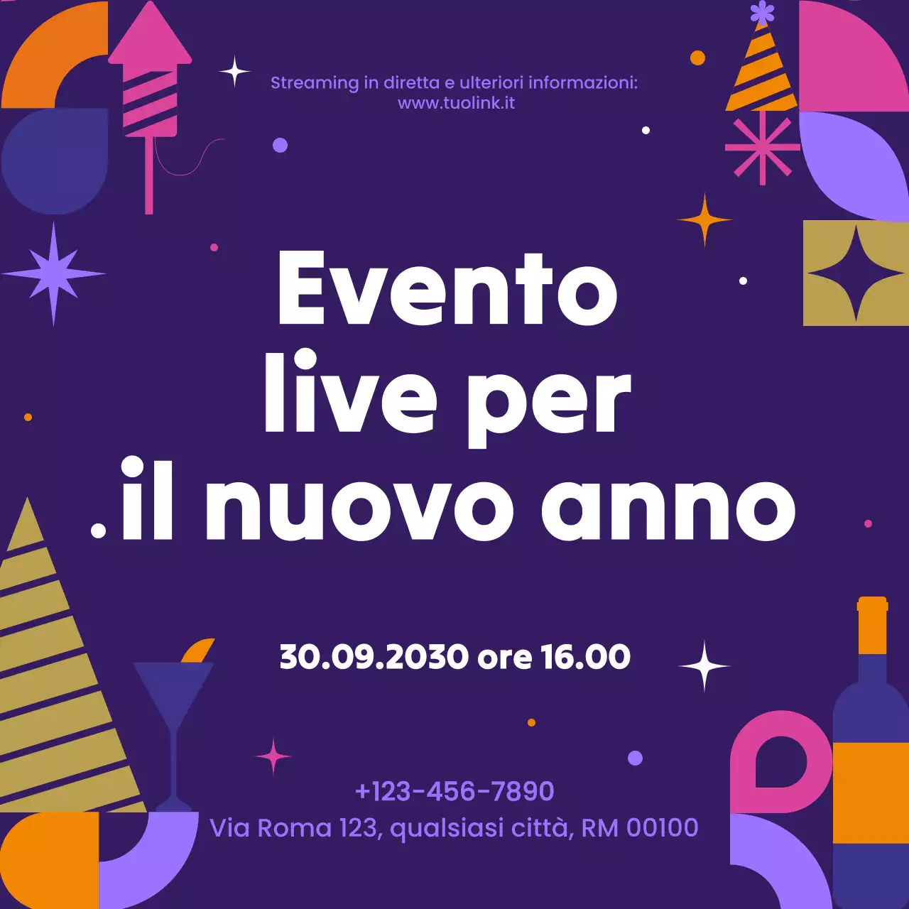 Annuncio dell'evento geometrico viola per i social media di Capodanno
