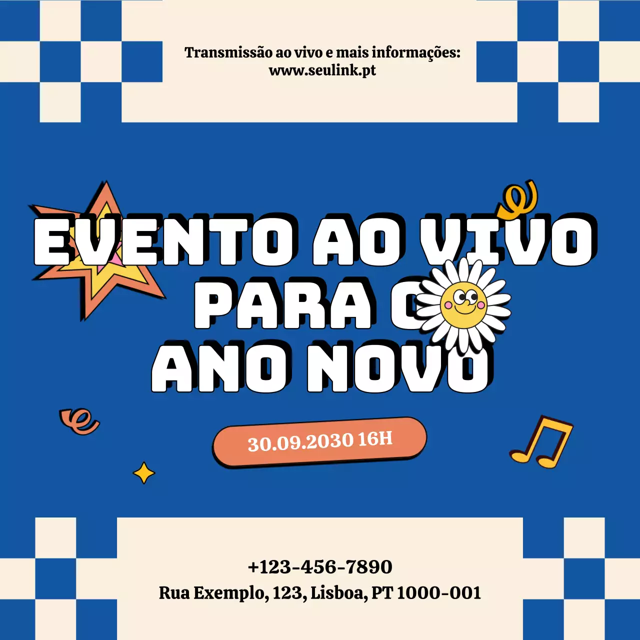 Anúncio de evento retrô em tons de azul e bege para o Ano Novo nas redes sociais