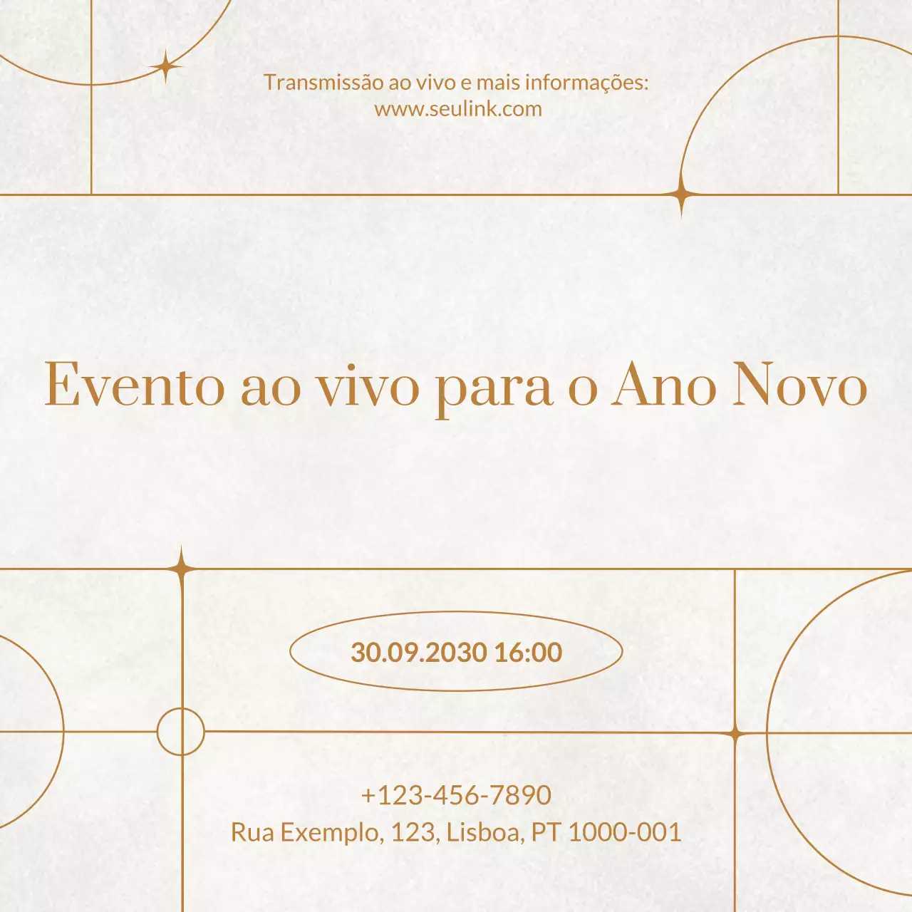 Anúncio de evento Art Déco em tons de bege e dourado para o Ano Novo nas redes sociais