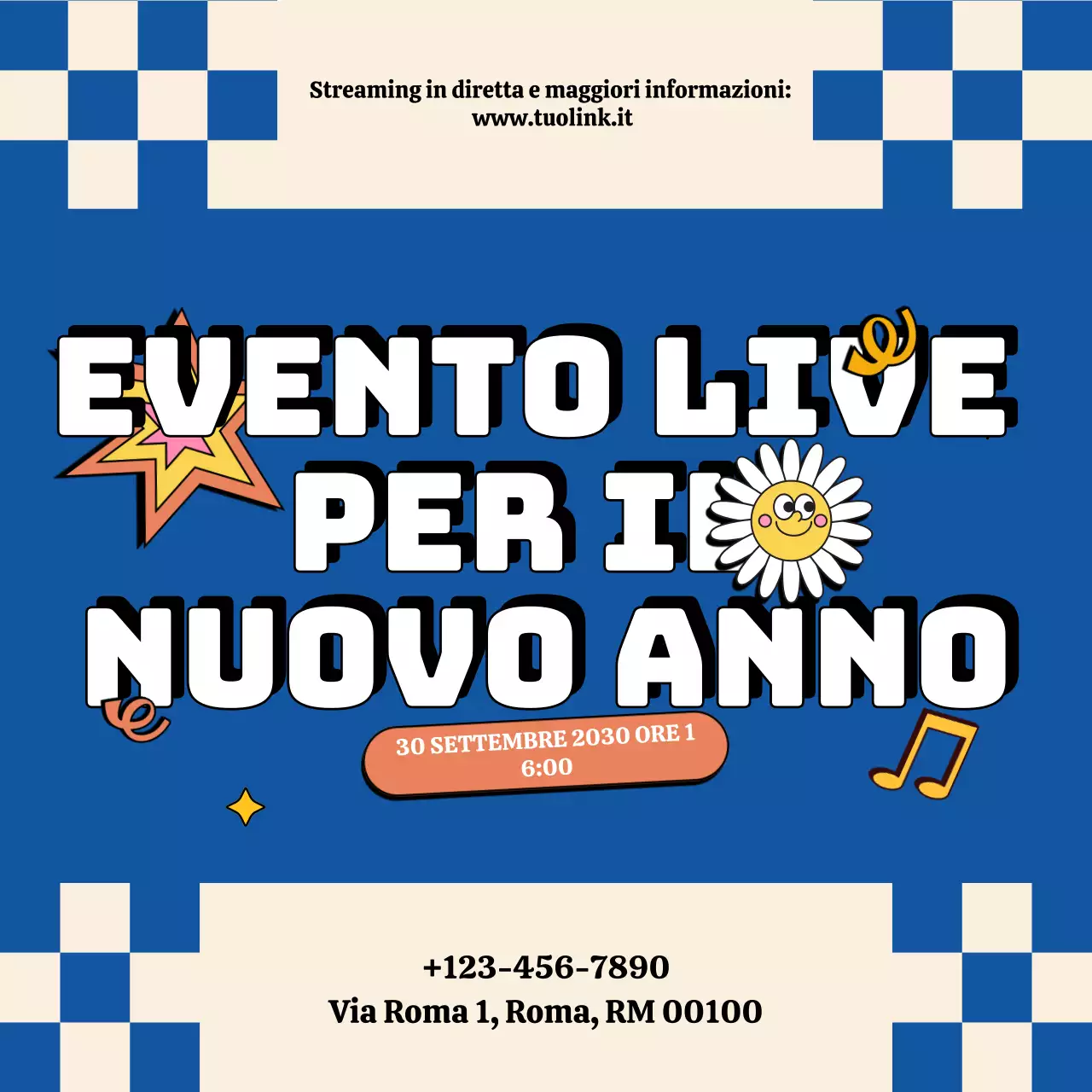 Annuncio dell'evento retrò blu beige per i social media di Capodanno