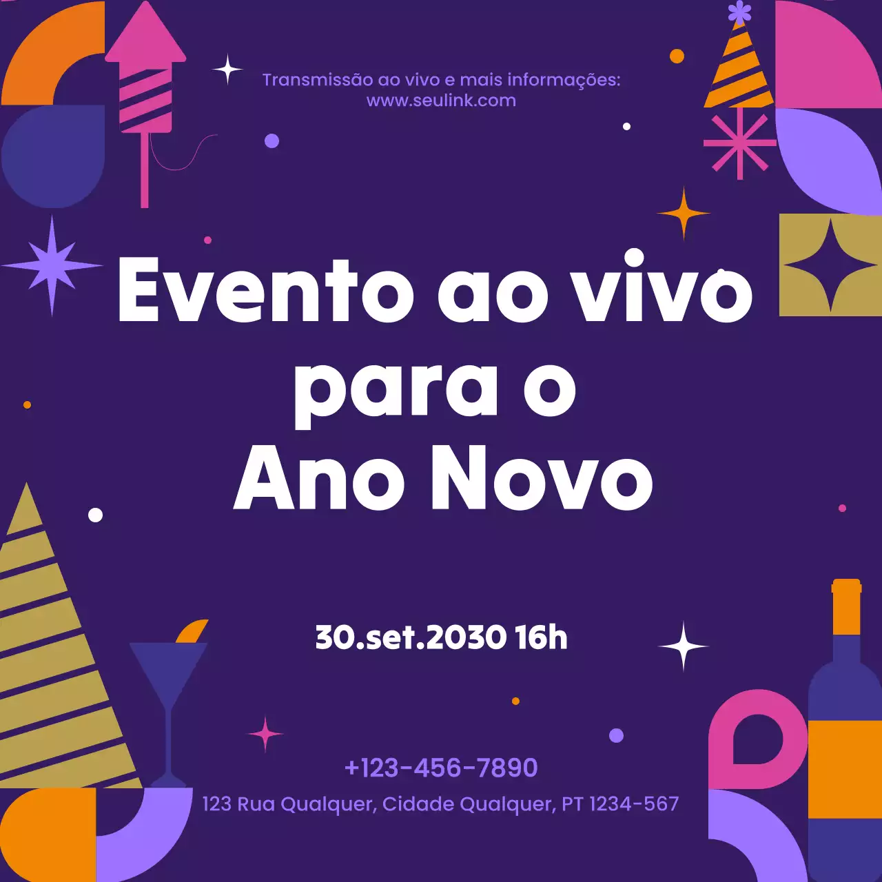 Anúncio de evento geométrico roxo para o Ano Novo nas redes sociais