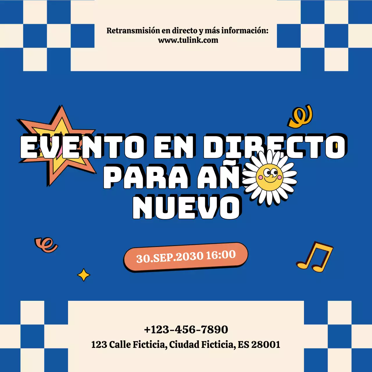Anuncio del evento retro azul y beige para redes sociales de Año Nuevo