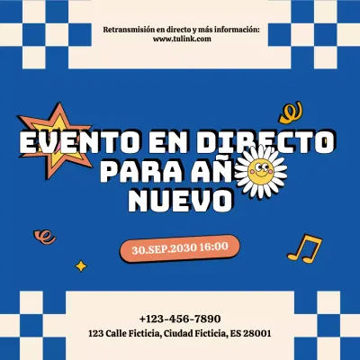 Anuncio del evento retro azul y beige para redes sociales de Año Nuevo
