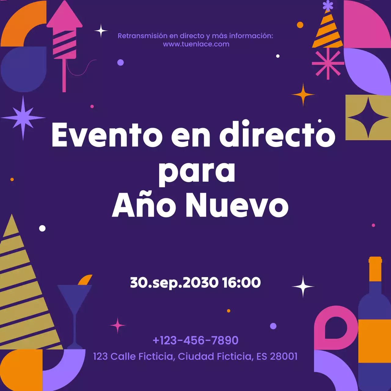 Anuncio de evento geométrico púrpura para redes sociales de Año Nuevo