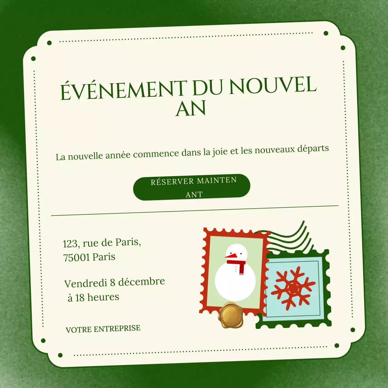 Illustration minimaliste verte et crème pour un événement du Nouvel An sur les réseaux sociaux