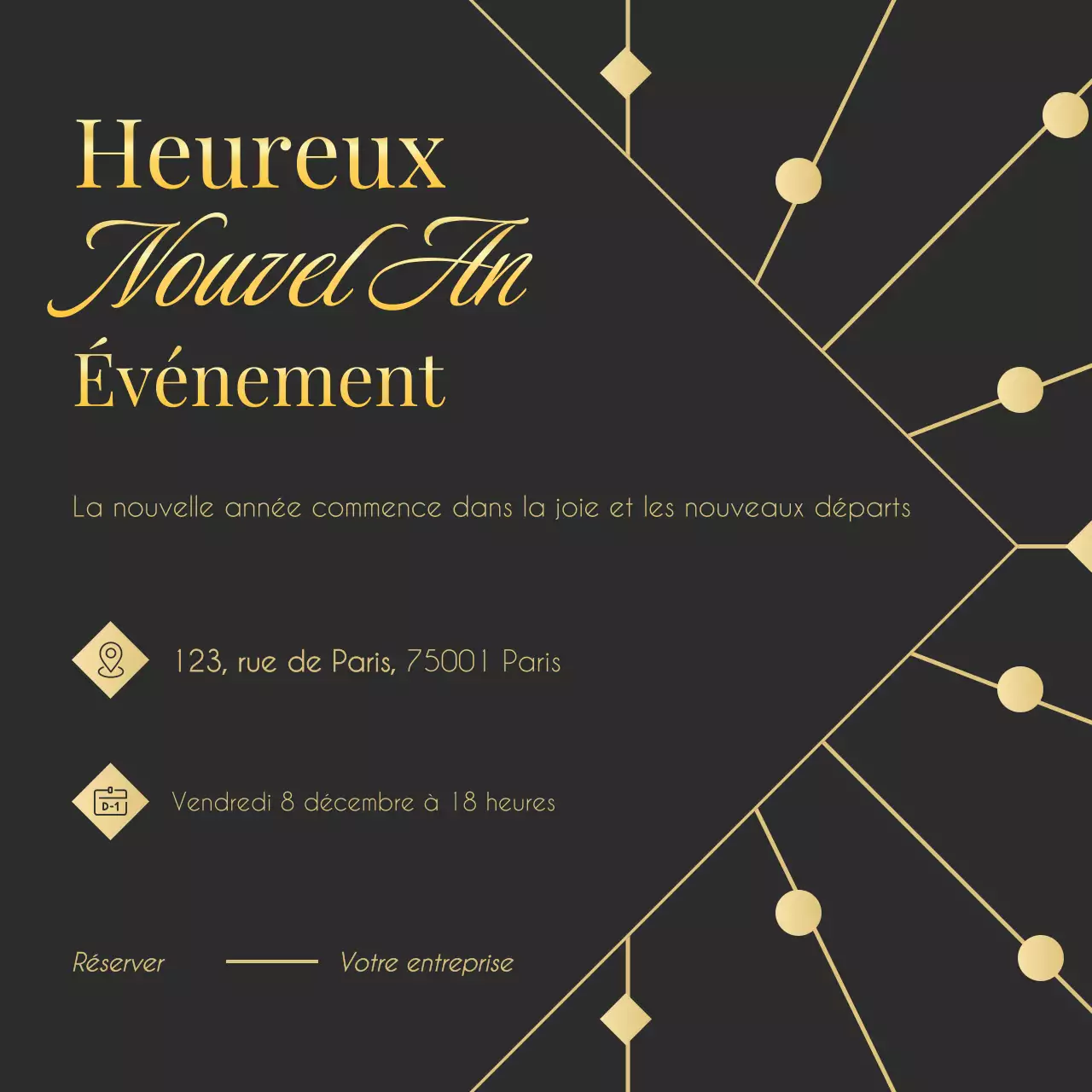 Événement minimaliste Art déco or et vert pour le Nouvel An sur les réseaux sociaux