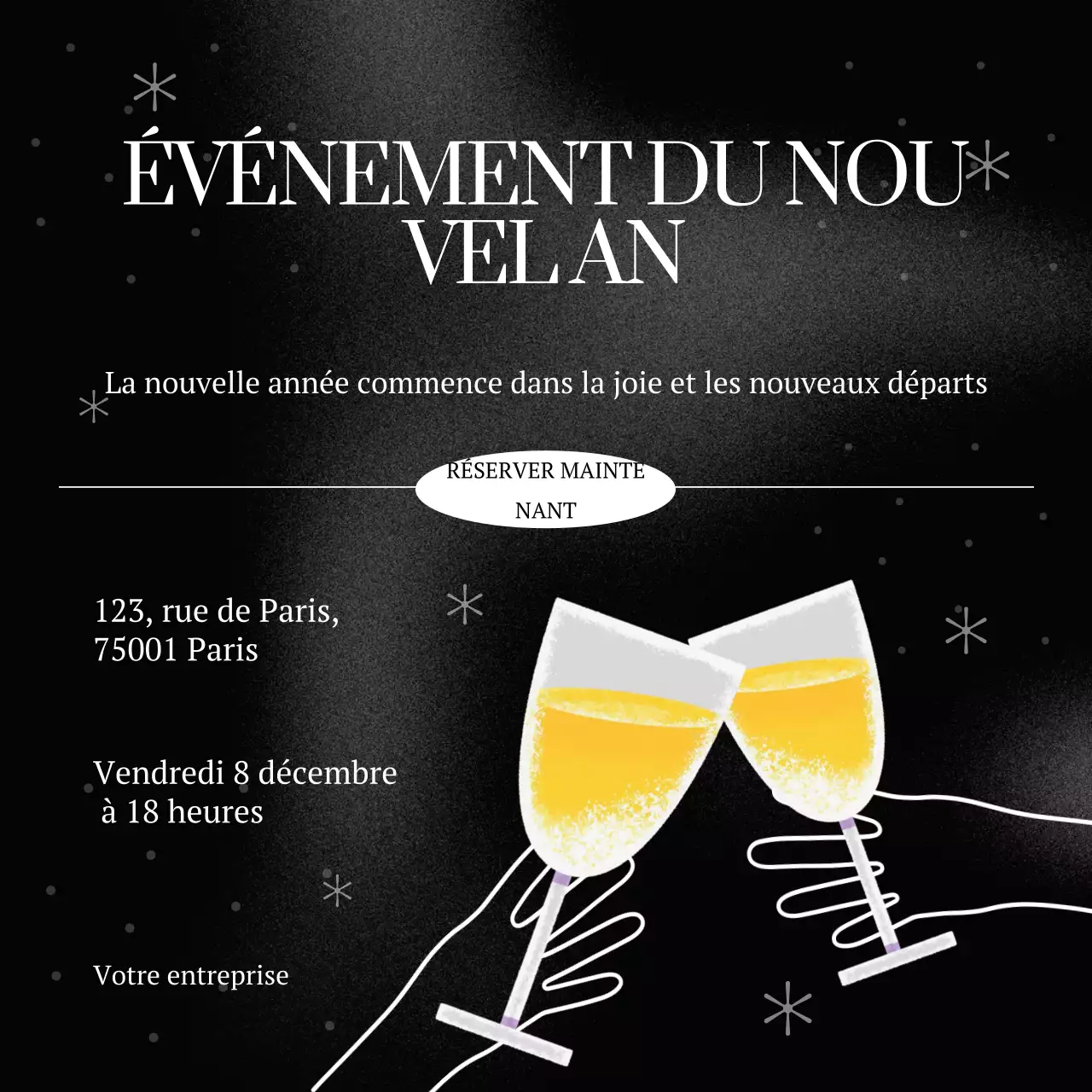 Illustration simple en noir et blanc pour un événement du Nouvel An sur les réseaux sociaux (carré)