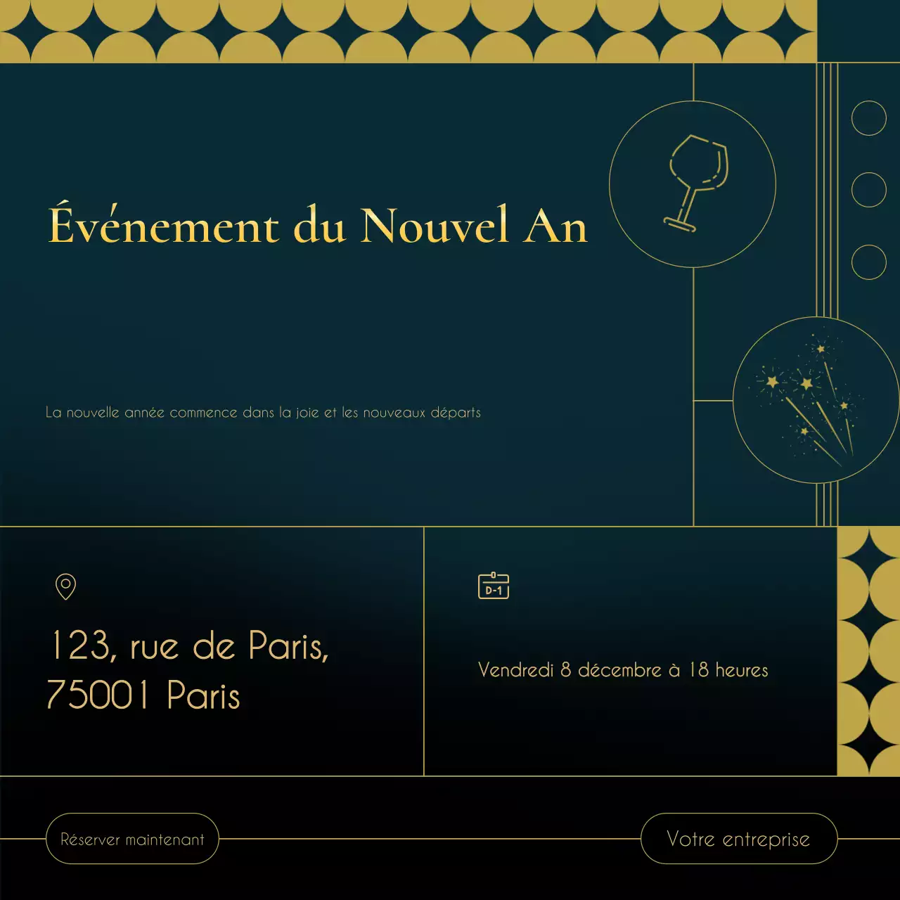 Événement minimaliste Art déco bleu et or pour le Nouvel An sur les réseaux sociaux