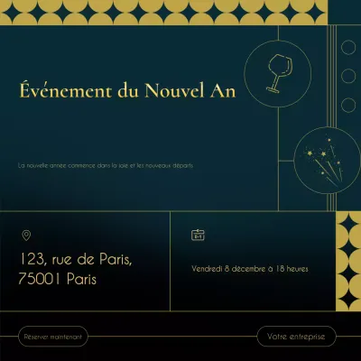 Événement minimaliste Art déco bleu et or pour le Nouvel An sur les réseaux sociaux