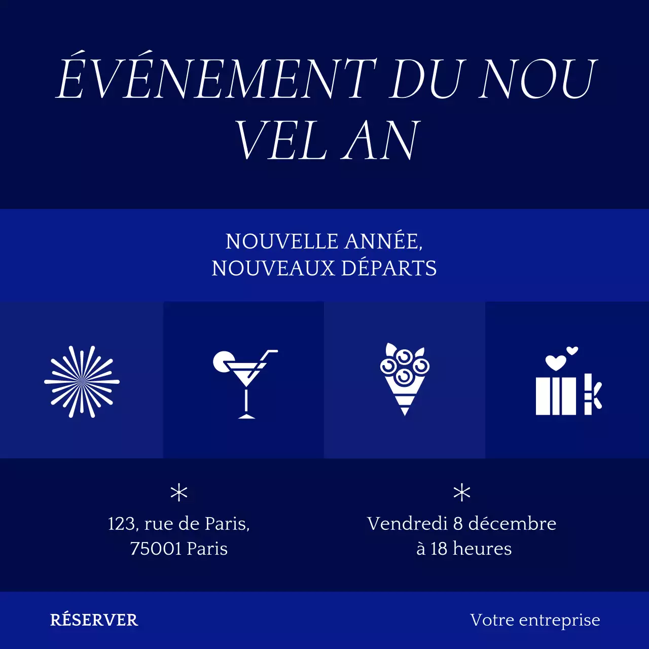 Illustration minimaliste bleue et blanche pour un événement du Nouvel An sur les réseaux sociaux (carré)