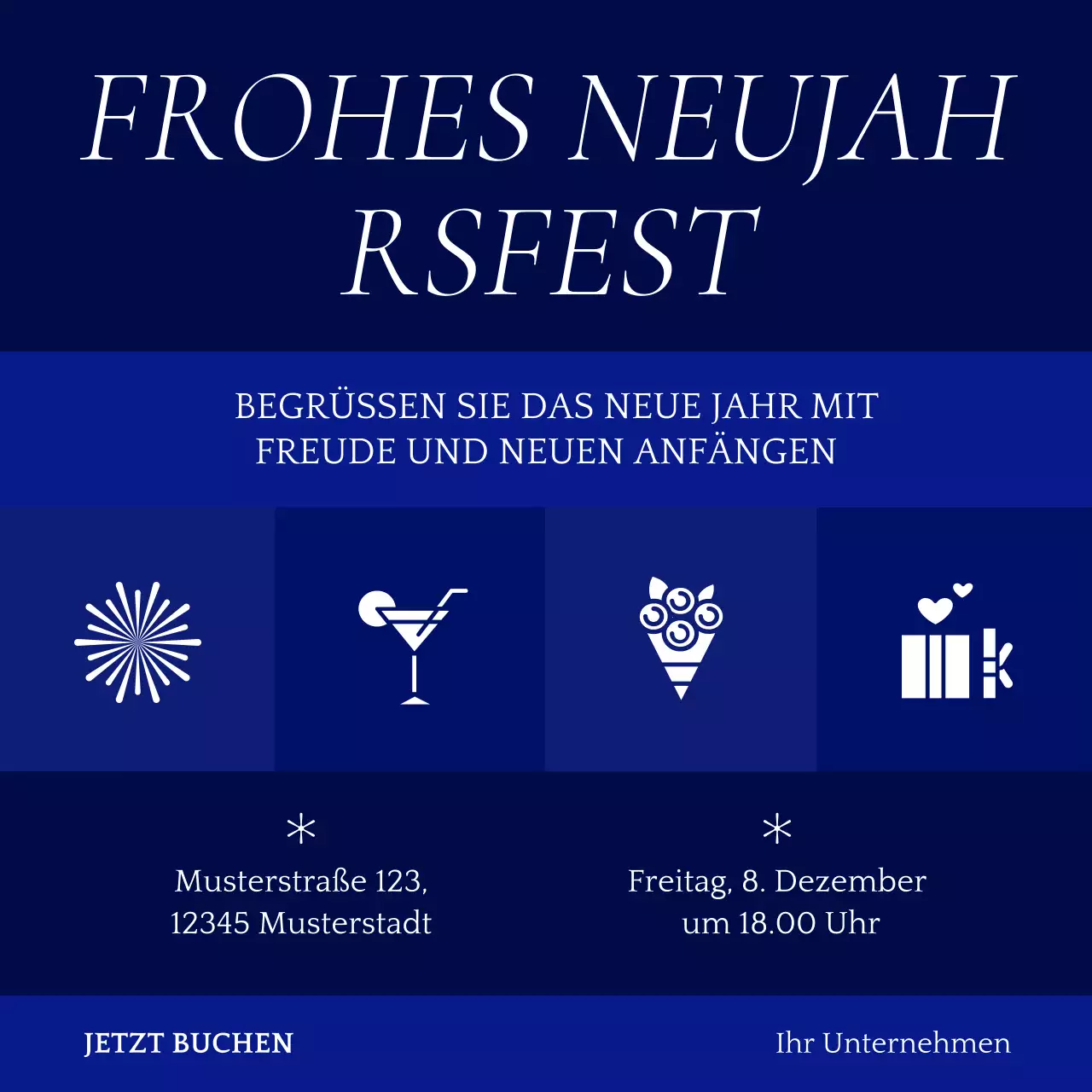 Minimalistisches, blau-weißes, illustratives Social-Media-Feld für Neujahrsveranstaltungen