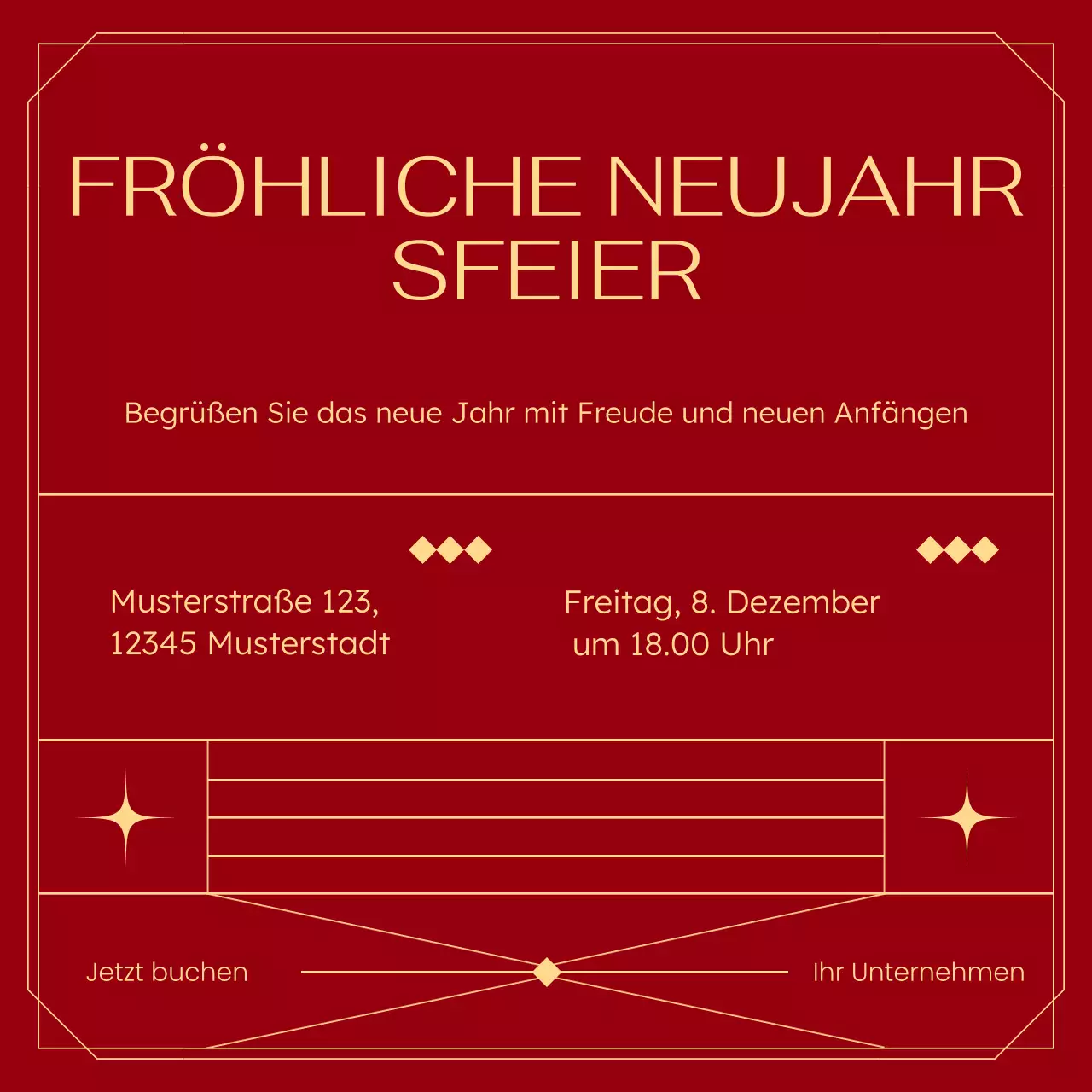 Social-Media-Platz für die Art-Deco-Neujahrsveranstaltung in Rot und Gold