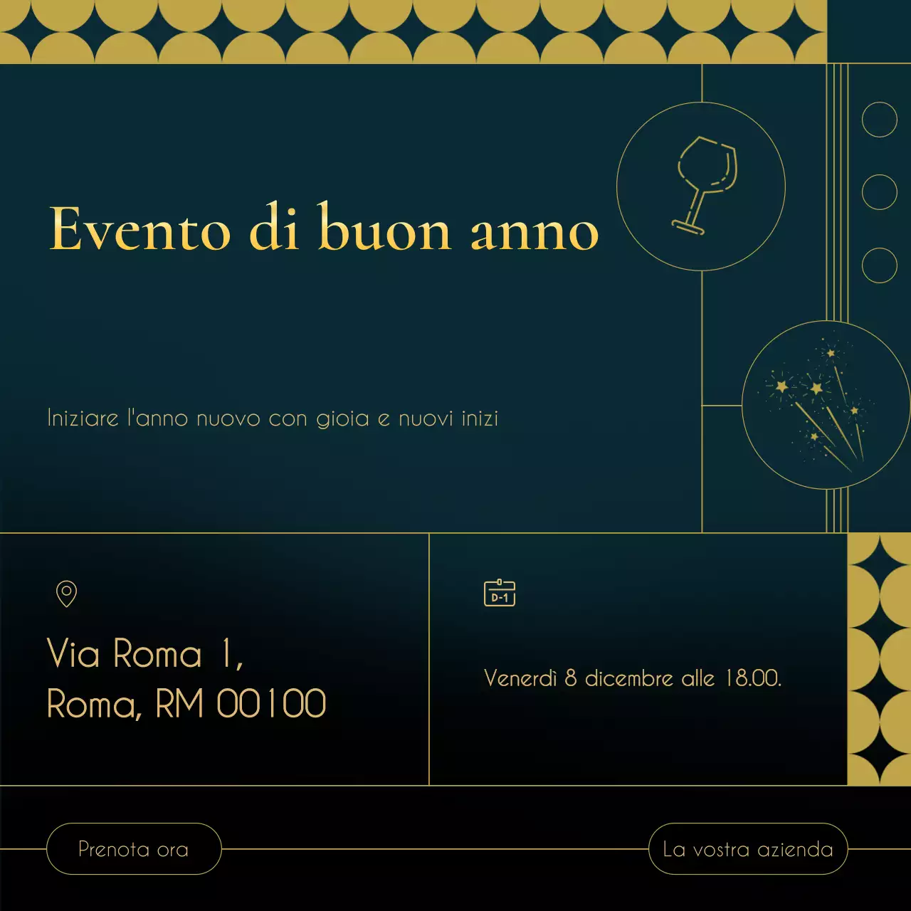 Evento di Capodanno minimalista in stile Art Déco blu e oro sui social media