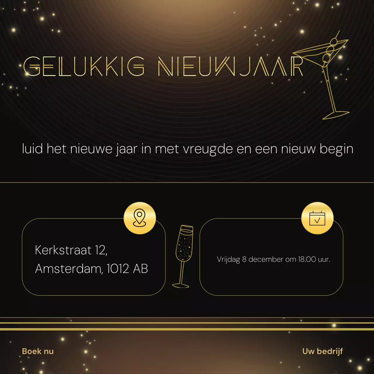 Zwart en goud Art Deco Minimalistisch Nieuwjaarsevenement Social Media Square