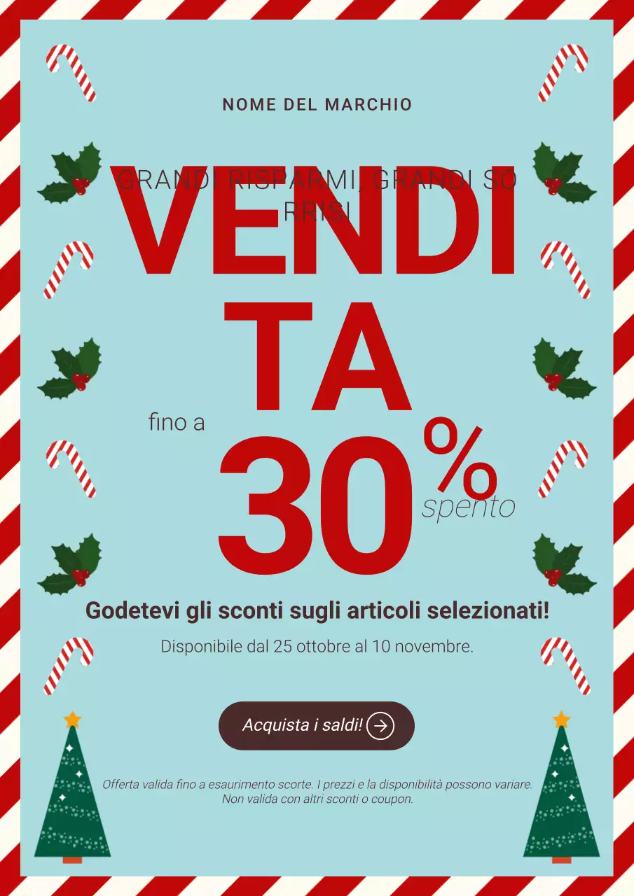 Manifesto promozionale natalizio illustrativo rosso e crema