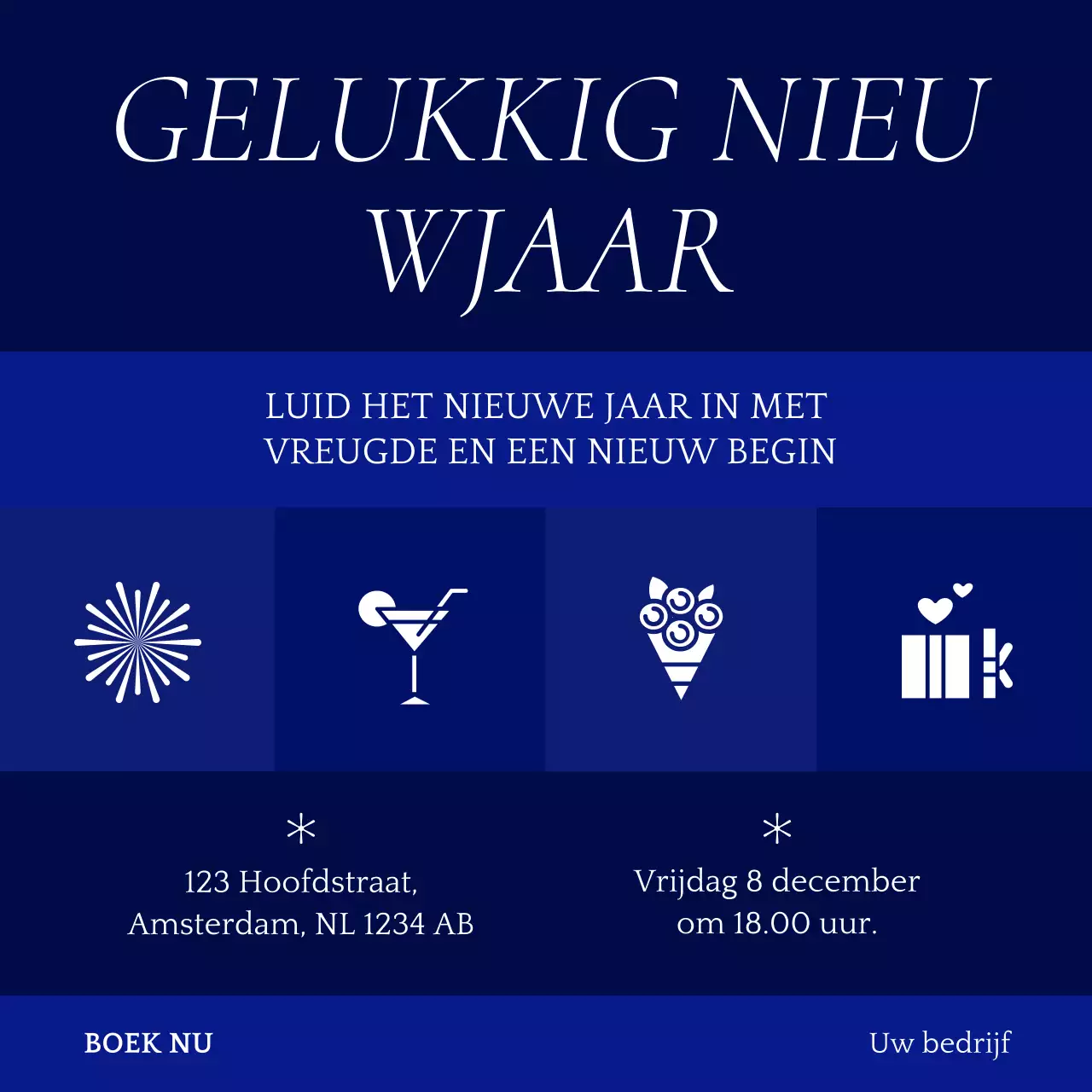 Blauw en wit minimalistisch illustratief nieuwjaarsevenement social media plein