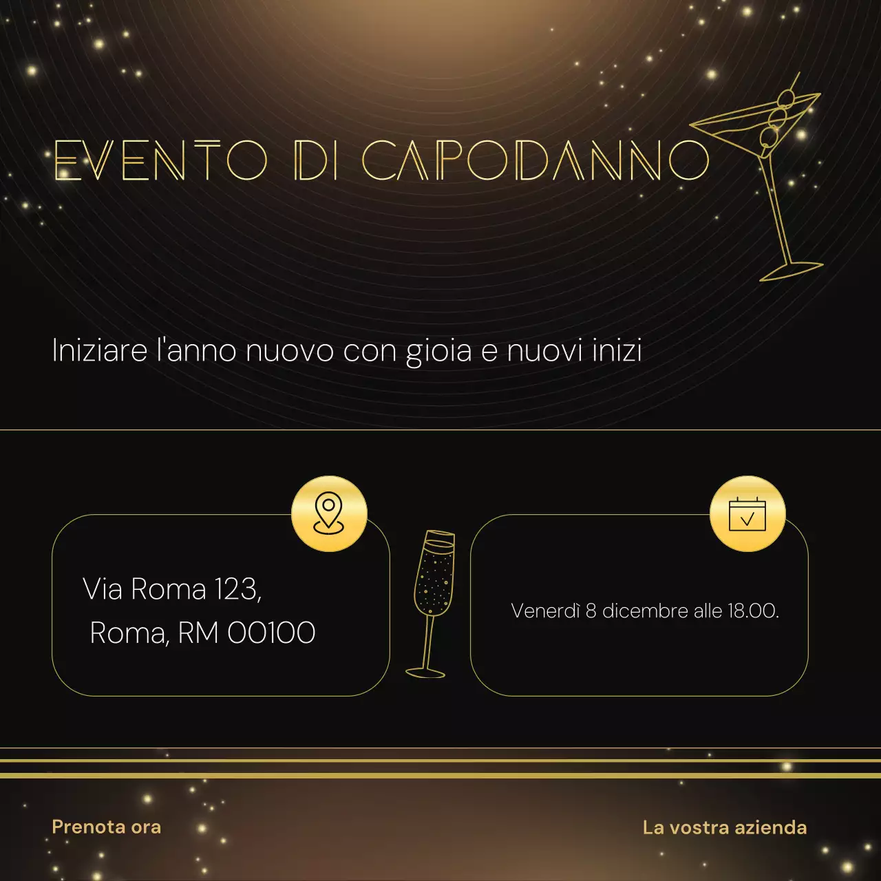 Evento di Capodanno minimalista in stile Art Déco nero e oro sui social media