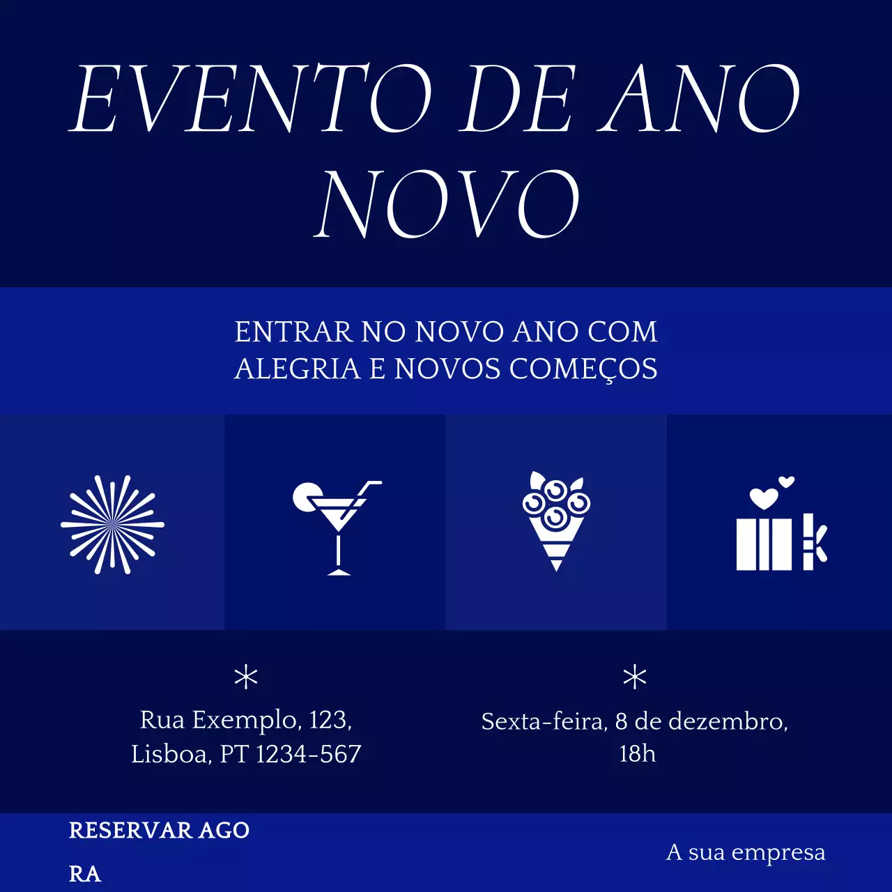 Ilustração minimalista em azul e branco para evento de Ano Novo em redes sociais (quadrado)