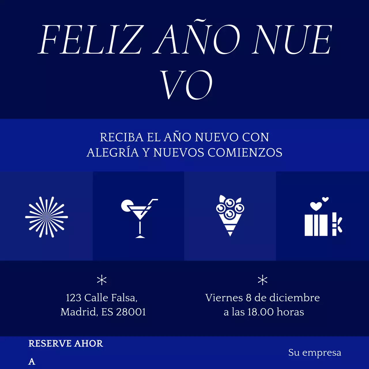 Cuadrado ilustrativo minimalista azul y blanco para eventos de Año Nuevo en redes sociales