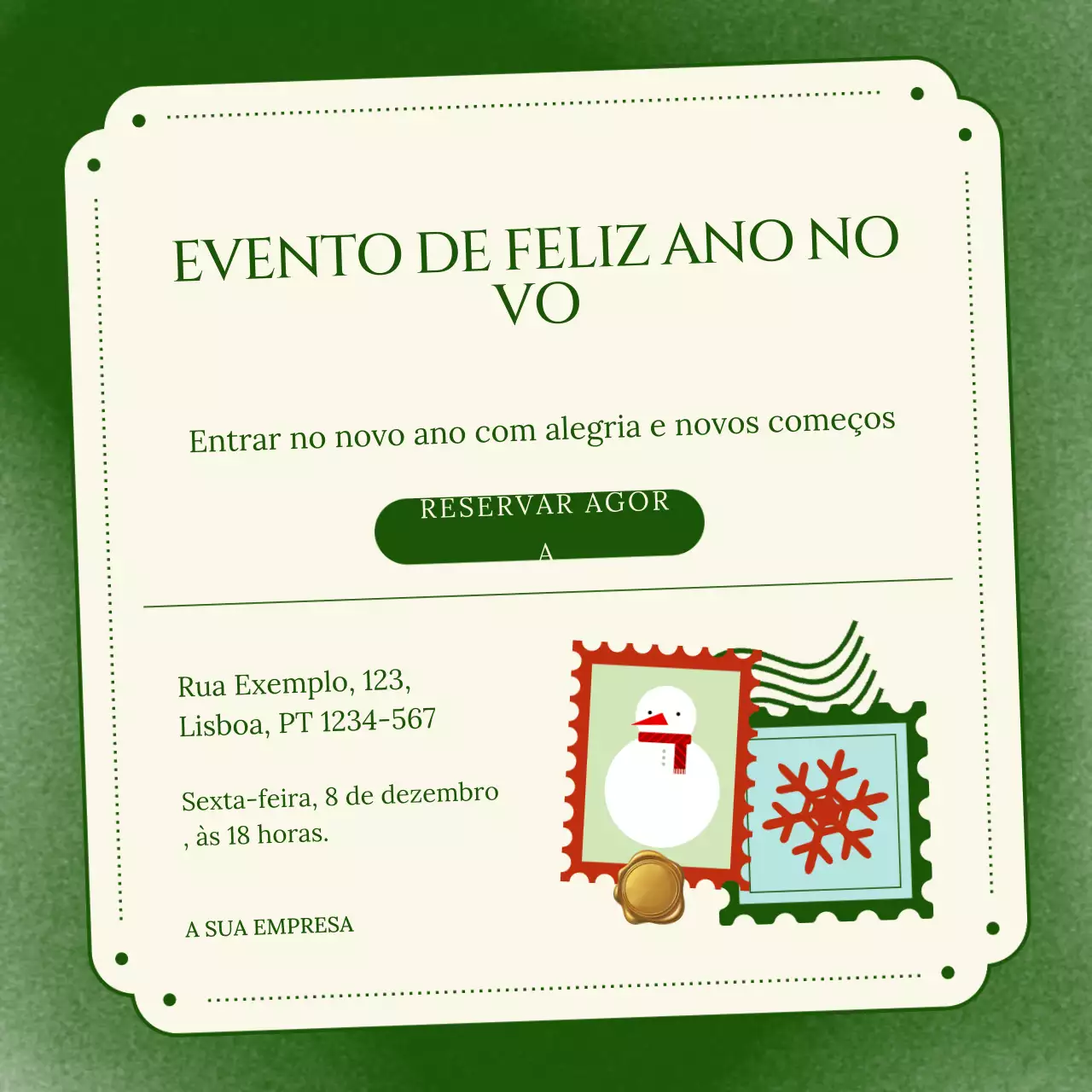 Ilustração minimalista em tons de verde e creme para evento de Ano Novo em redes sociais.