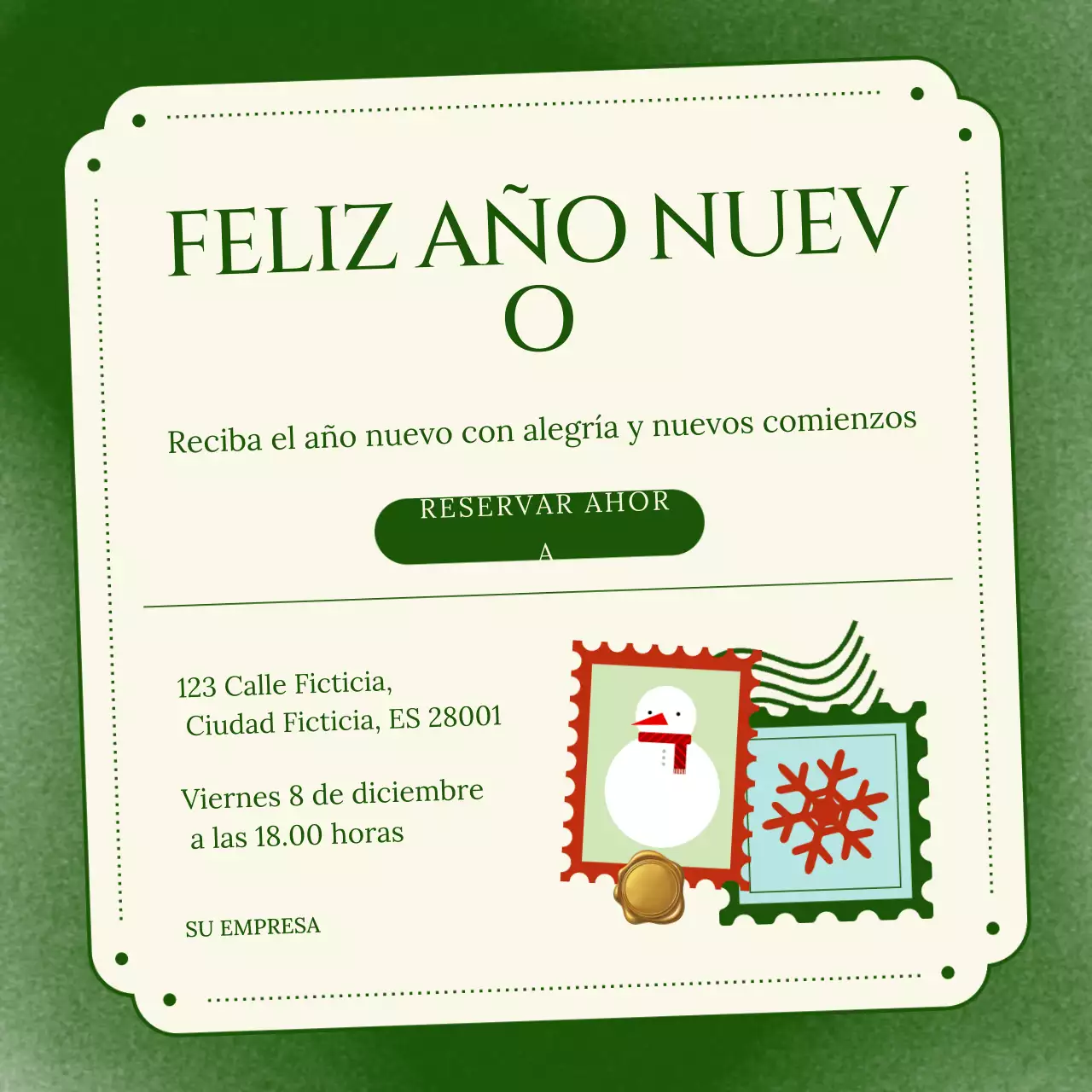 Cuadrado ilustrativo minimalista en verde y crema para eventos de Año Nuevo en redes sociales