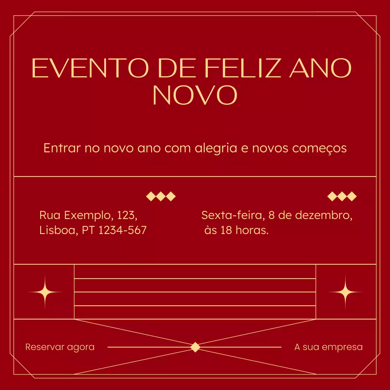 Praça de mídia social para evento de Ano Novo em estilo Art Déco vermelho e dourado