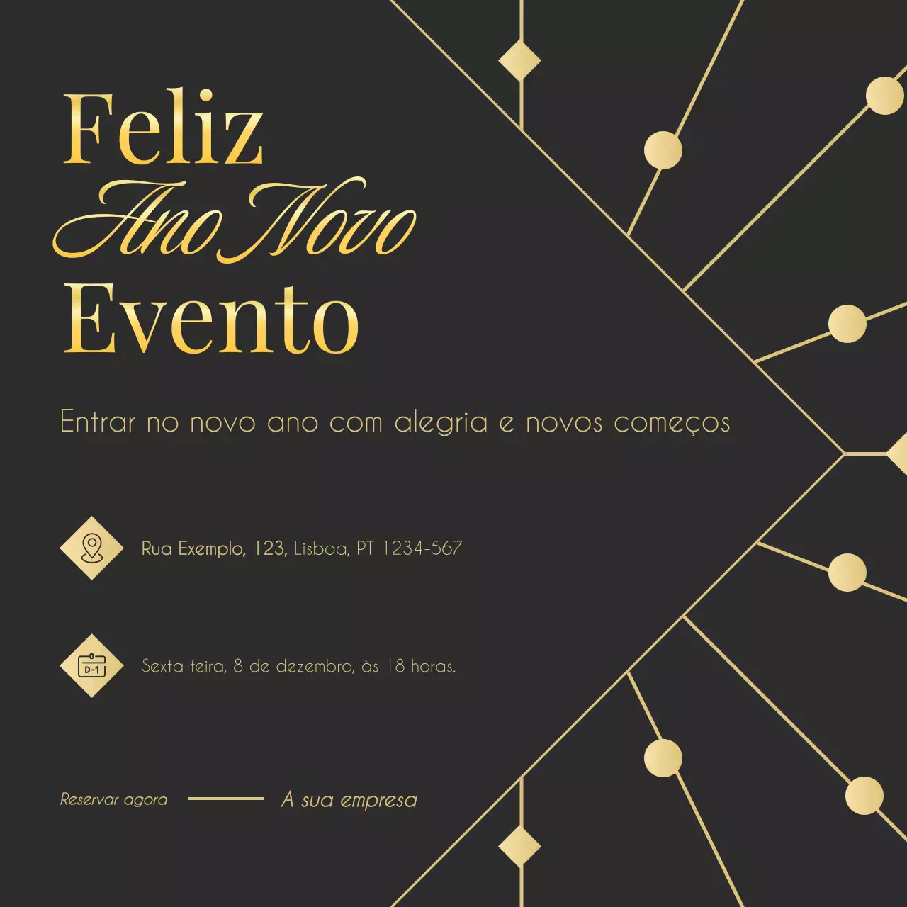 Quadrado para mídia social de evento de Ano Novo minimalista art déco em dourado e verde