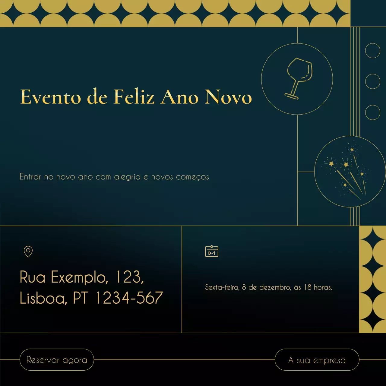 Quadrado para mídia social com tema minimalista Art Déco azul e dourado para evento de Ano Novo