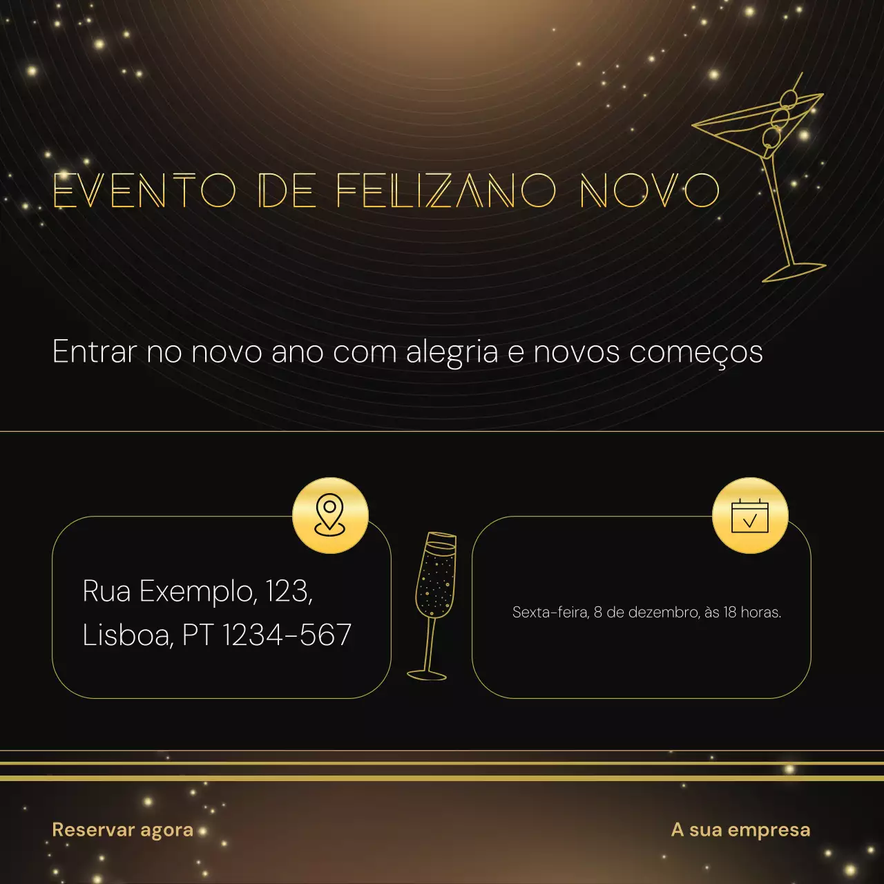 Quadrado para mídia social com evento minimalista de Ano Novo em estilo Art Déco preto e dourado para a data.