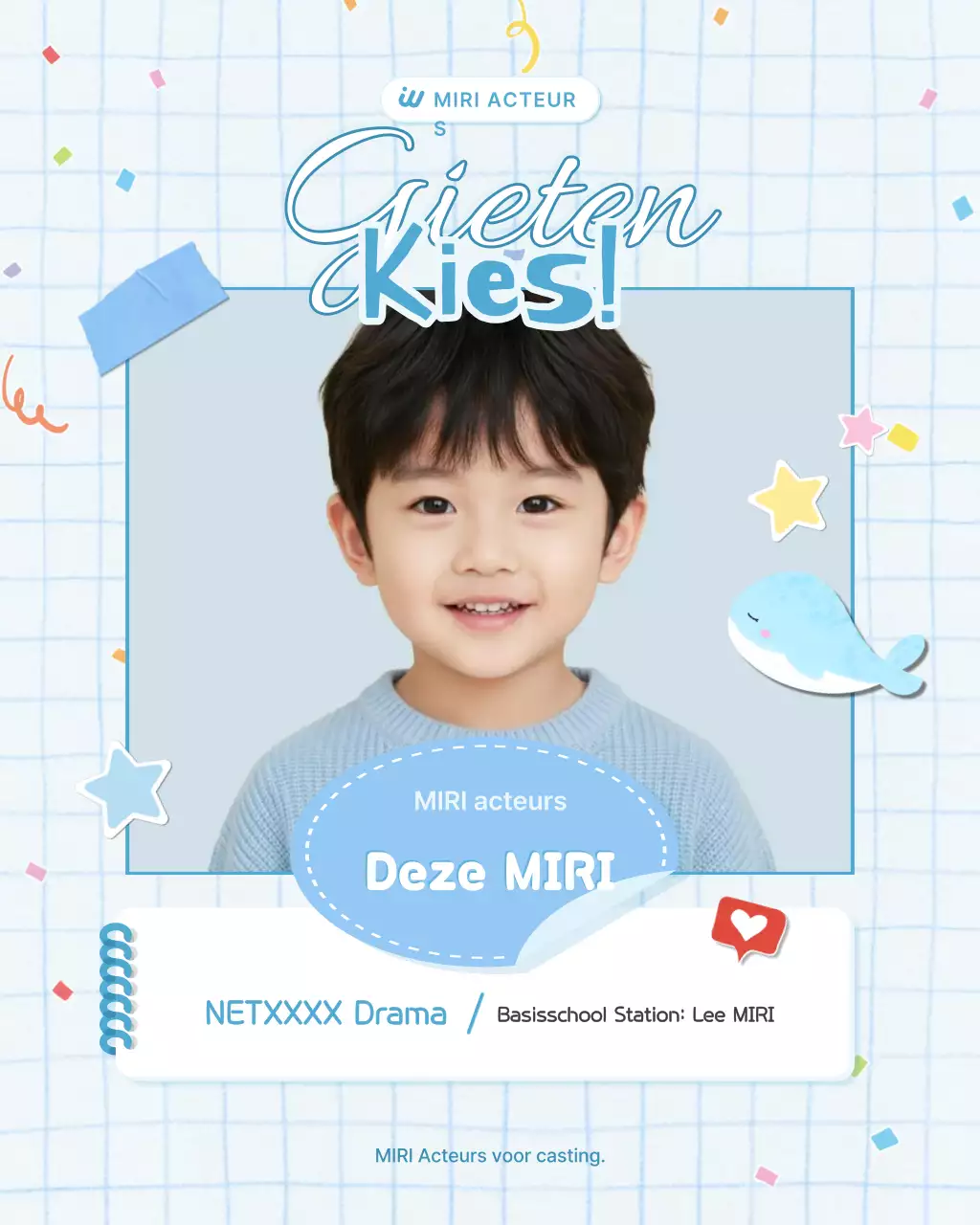 Een castingadvertentie voor een schattig, hemelsblauw kindacteur.