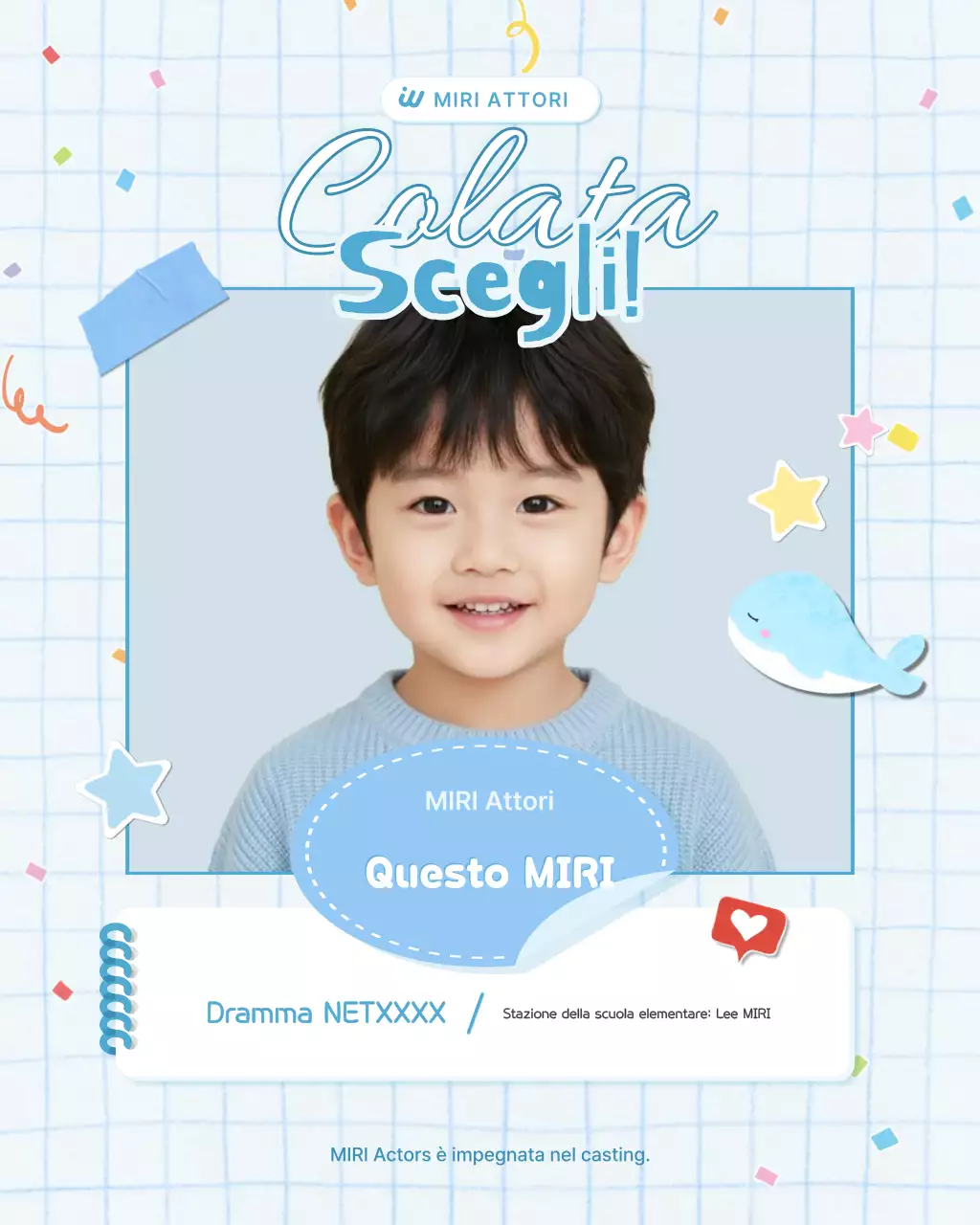 Un annuncio di casting per un grazioso bambino attore color cielo.