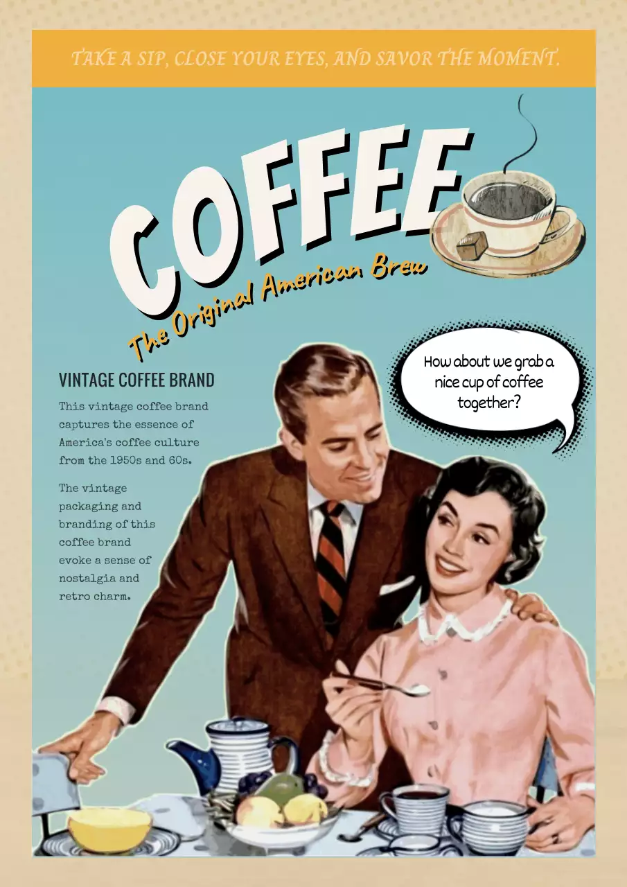 베이지색과 하늘색의 빈티지한 커피 브랜드 홍보