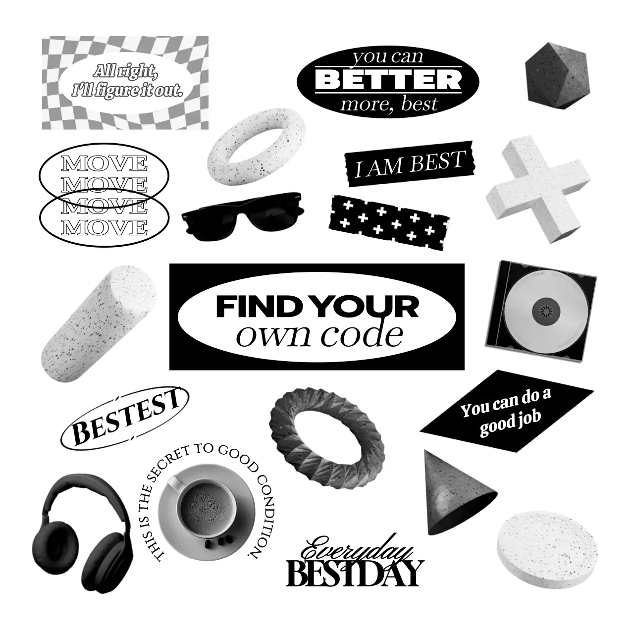 흑백의 힙한 컨샙의 다양한 오브제와 텍스트