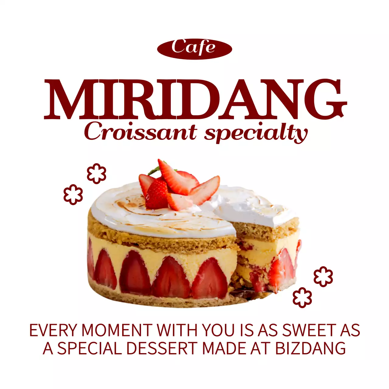 자주색과 하얀색의 심플하고 감성적인 텍스트 문구와 디저트 사진 조합 스타일 카페 홍보 및 굿즈용 