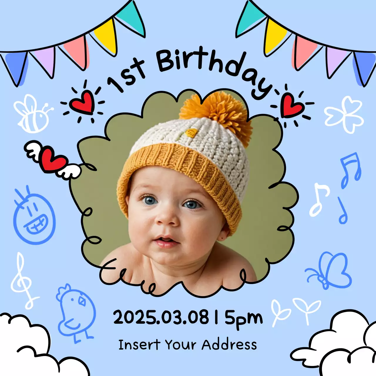 하늘색 아기자기한 생일 초대장