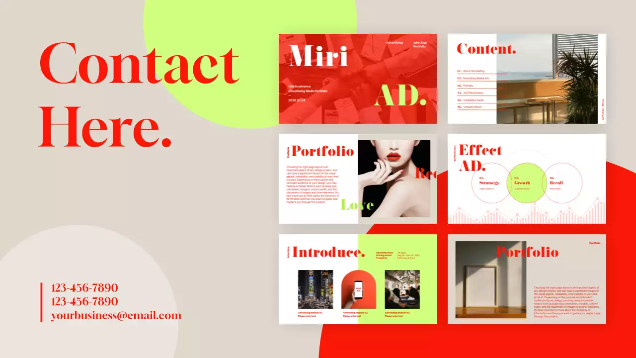 Modern-style business ad in red and lime green