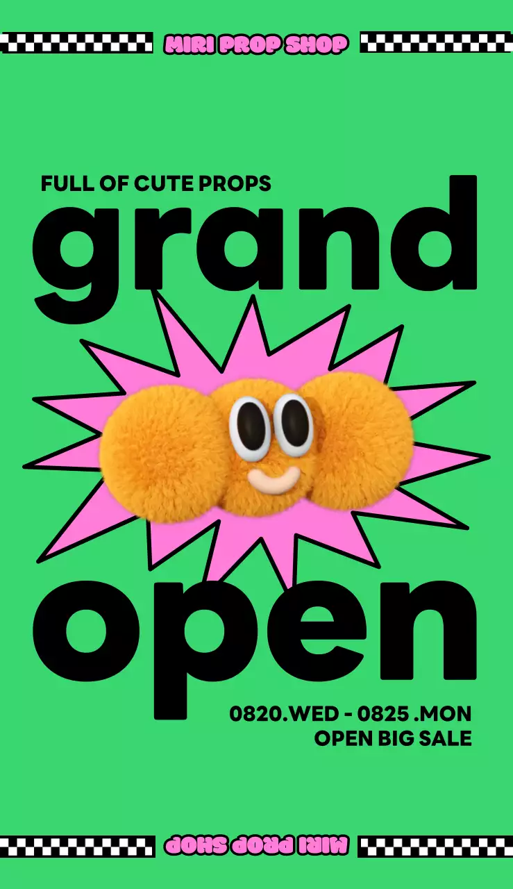 형광 초록색과 핑크색의 귀여운 털 캐릭터가 있는 눈에 띄는 가게 오픈 홍보 디자인