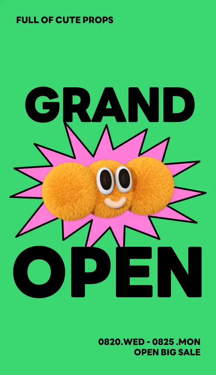 형광 초록색과 핑크색의 귀여운 털 캐릭터가 있는 눈에 띄는 가게 오픈 홍보 디자인