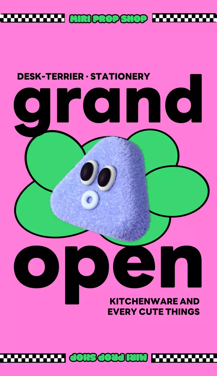 형광 초록색과 핑크색의 귀여운 털 캐릭터가 있는 눈에 띄는 가게 오픈 홍보 디자인