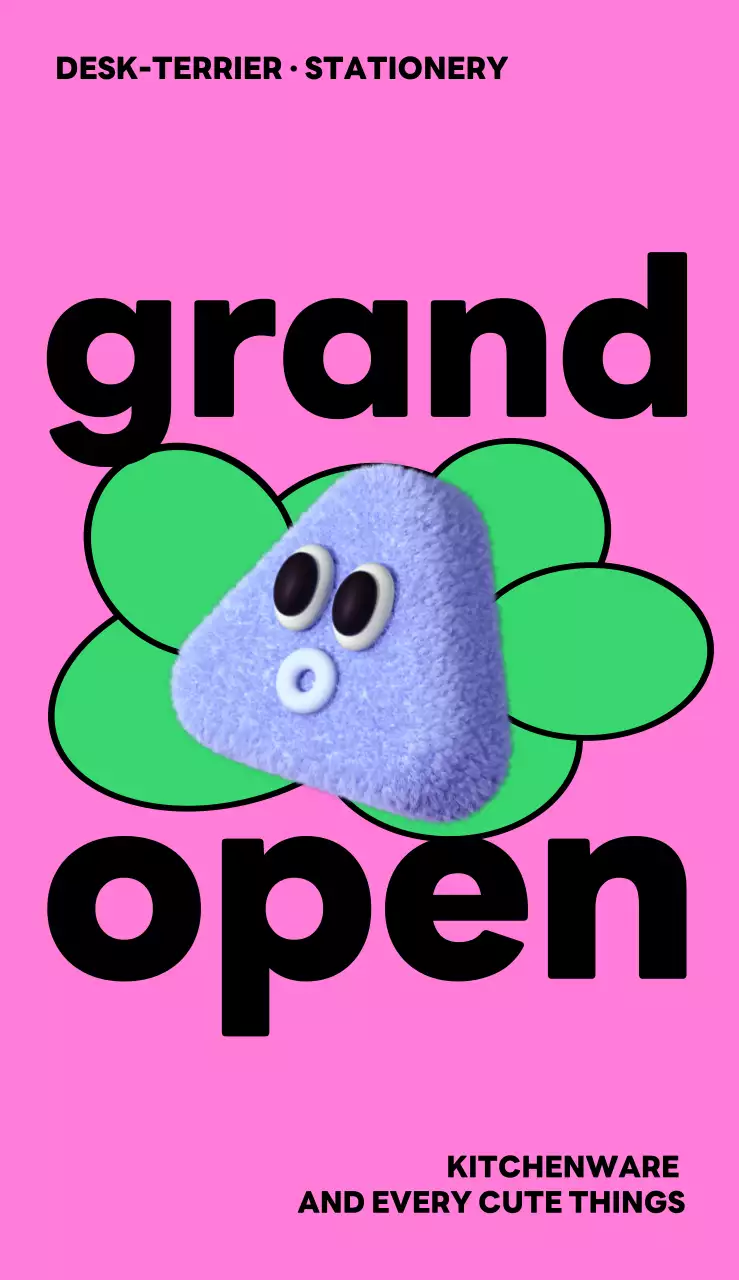 형광 초록색과 핑크색의 귀여운 털 캐릭터가 있는 눈에 띄는 가게 오픈 홍보 디자인